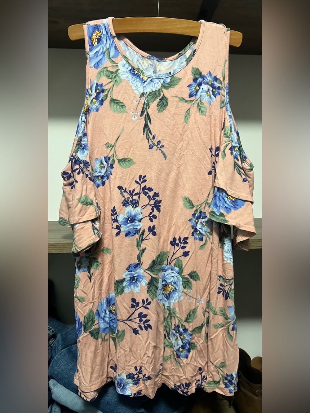 Alyx Peach Cold-Shoulder Tunic with Blue Floral Print